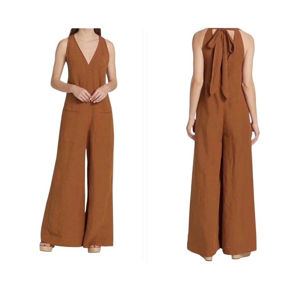 Elie Tahari Brown Wide Leg Sleeves Neck Tie Boho Chic Casual Jumpsuit Medium
